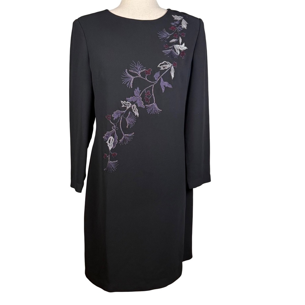 Kay Unger Sheath Dress Womens 10 Black Classic Floral Embroidery Formal Wedding